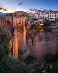 Puente Nuevo Bridge and Ronda Skyline in the Evening, Andalusia, Spain - obrazy, fototapety, plakaty