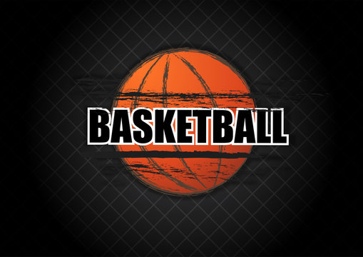 Basketball logo grunge splatter with typo on black net background