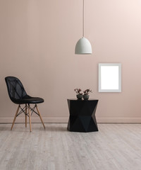 black chair and coffee table with white lamp empty area for writing with frame