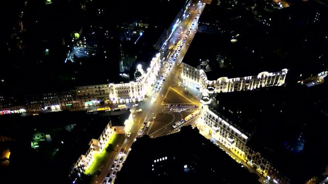 Night traffic on the Lva Tolstogo Square in Saint Petersburg. Aerial Timelapse.