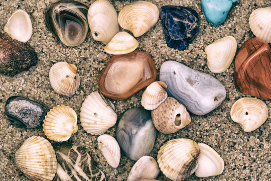 Summer sea theme with shells, wet colored stones and sand