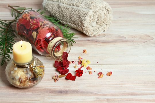 Aromatherapy spa concept, candles, aromatic herbs