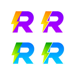 Letter R logotype set with Thunder Electric logo, Energy, Power, Flash, Lighting Bolt colorful concept for your Corporate identity vector design template