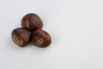 tre castagne marroni su sfondo bianco