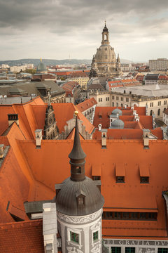Rooftops and Frauenkirche in Dresden on a cloudy day in autumn