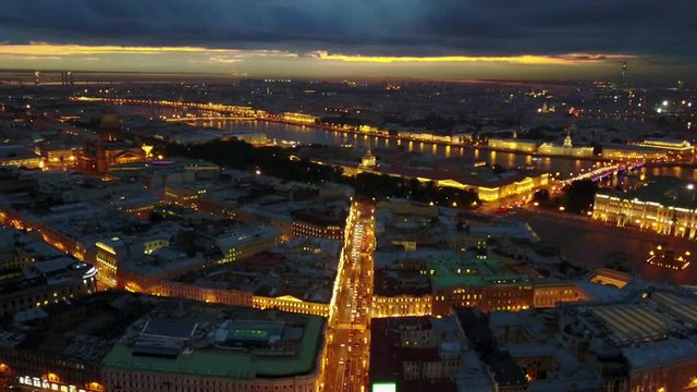 Evening traffic on Nevsky Avenue. Panorama of Saint Petersburg. Aerial Timelapse.