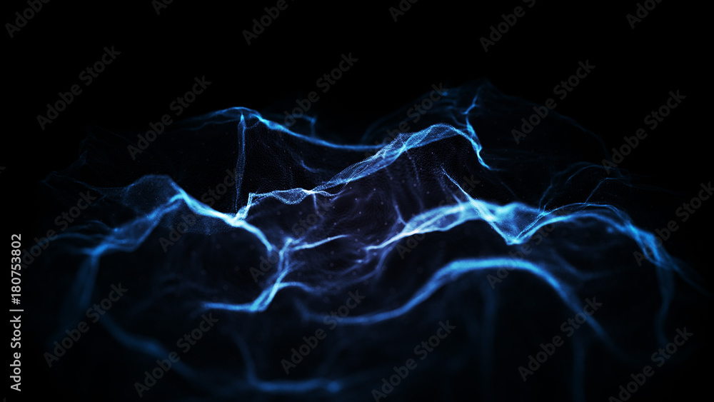 Poster blue abstract digital particles on black background with dots. high definition abstract cgi motion b