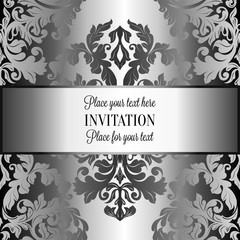 Baroque background with antique, luxury gray and metal silver vintage frame, victorian banner, damask floral wallpaper ornaments, invitation card, baroque style booklet, fashion pattern