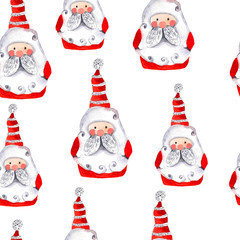Watercolor Christmas background with Santa Claus,. Hand painted seamless pattern. 