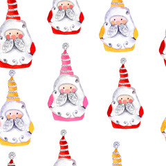 Watercolor Christmas background with Santa Claus,. Hand painted seamless pattern. 