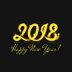 Happy New Year 2018 greeting card with magic shining sparks, handwriting yellow calligraphy number lettering for greeting card, winter holiday poster or calendar on the black background.