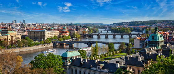 Panoramic view of Prague bridges over Vltava river from Letni P - obrazy, fototapety, plakaty