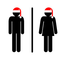Restroom Sign For Christmas. Vector Illustration Of A Restroom Sign. Man And Woman Wearing Santa Claus Hat.