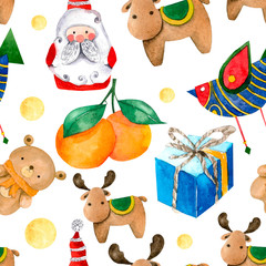 Christmas greeting card, watercolor seamless pattern 