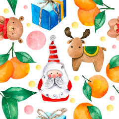 Christmas greeting card, watercolor seamless pattern 