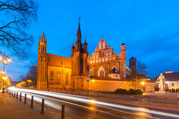 Fototapeta na wymiar Saint Anne church during evening blue hour in Old town of Vilnius, Lithuania, Baltic states.