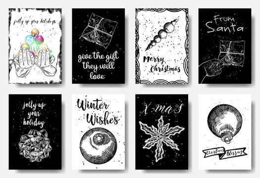 Christmas greeting card set. Black white and colors. Decorative hand drawn illustration for winter invitations, cards, posters, gift tags and flyers. Vector.