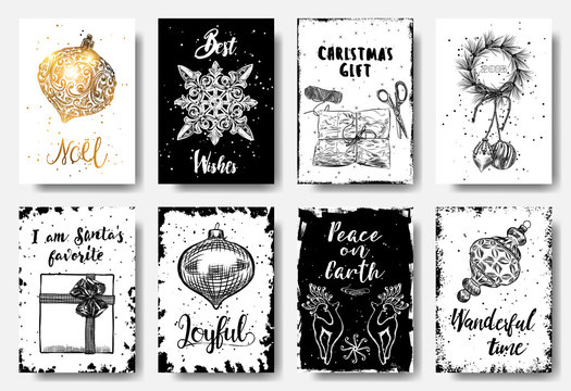 Set of Christmas and New Year greeting cards with handwritten brush calligraphy and decorative elements. Decorative hand drawn illustration for winter invitations, cards, posters and flyers. Vector.