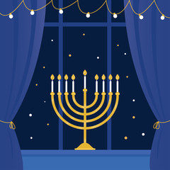 Hanukkah Menorah and Room Window. Vector Illustration