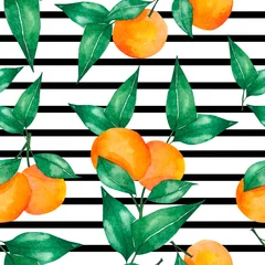 Photo sur Plexiglas Rayures horizontales Modèle sans couture aquarelle avec des oranges et des feuilles vertes