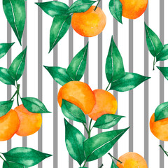 Watercolor seamless pattern with oranges and green leaves
