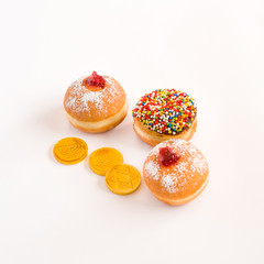 Fresh donuts  for Hanukkah  celebration. Selective focus.