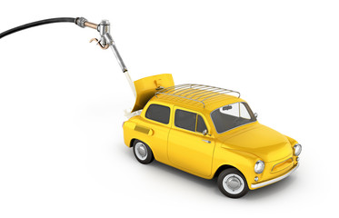 fuel cost concept retro car is refueled on white background 3d illustration