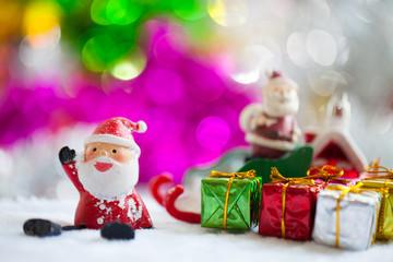 Christmas props decorations on christmas snow field background with copy space.Merry Christmas and happy new year concept.