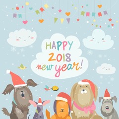 Happy 2018 New Year card. Funny dogs congratulates on holiday