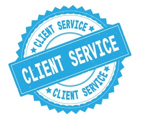 CLIENT SERVICE blue text round stamp, with zig zag border.