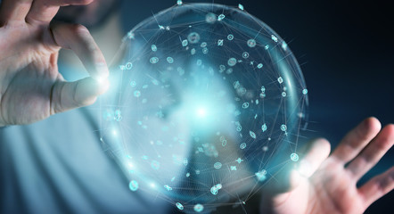 Businessman using holograms datas digital sphere 3D rendering