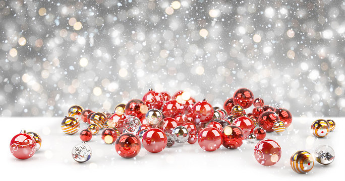 Red and white christmas baubles 3D rendering