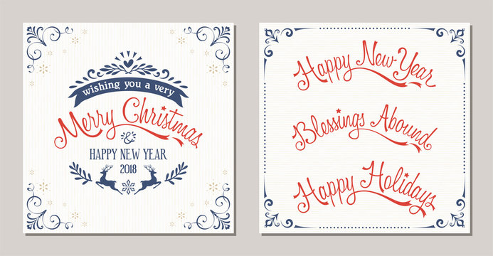 Ornate winter holidays typographic design with reindeer, snowflakes and swirl frames. Merry Christmas, Happy New Year, Blessings Abound and Happy Holidays lettering.