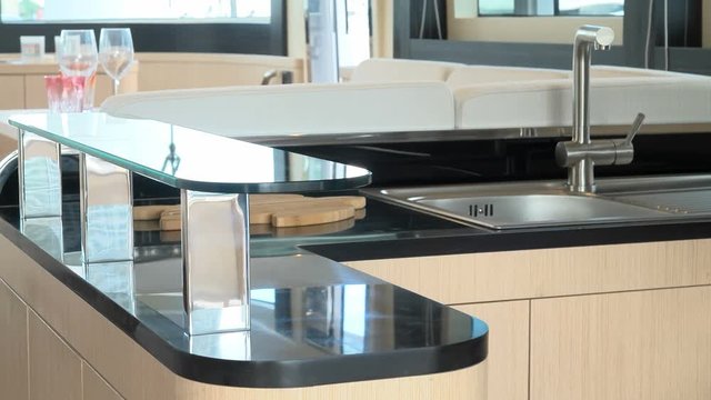 Bright spacious kitchen on a luxury yacht.