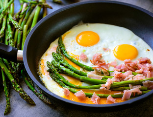 Fried eggs with asparagus and ham on a dark stone board