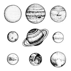 planets in solar system. moon and the sun, mercury and earth, mars and venus, jupiter or saturn and pluto. astronomical galaxy space. engraved hand drawn in old sketch, vintage style for label. © artbalitskiy