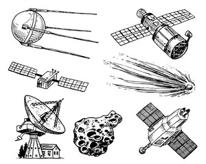 space shuttle, radio telescope and comet, asteroid and meteorite, astronaut exploration. engraved hand drawn in old sketch, vintage style for label. flying ship. rocket launching to the sky. © artbalitskiy