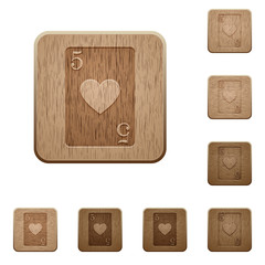 Five of hearts card wooden buttons