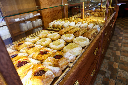 pastries on display at the bakery
