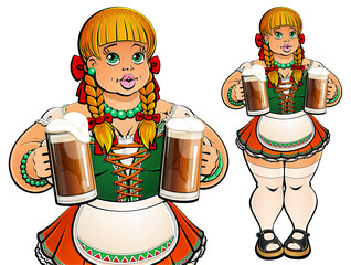 Sexy fat girl in Bavarian traditional dress offers a light beer in glass mugs.