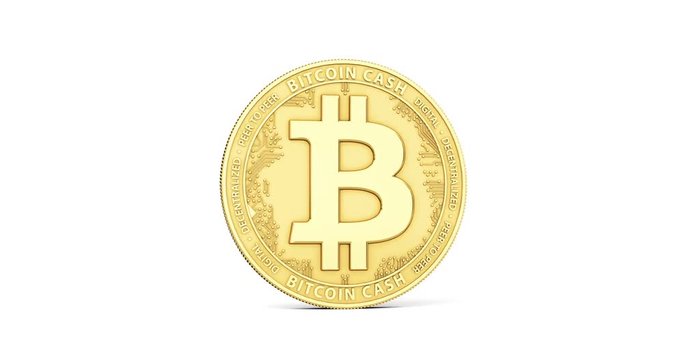 Golden Bitcoin Cash spinning counterclockwise in perfect loop isolated on white background. 4K video. 3D rendering. 