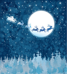 Vector Santa sleigh driving over forest.