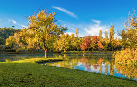 Farfa (Rieti, Italy) - The little lake of Baccelli at sunset, in the heart of Sabina region, during the autumn with foliage