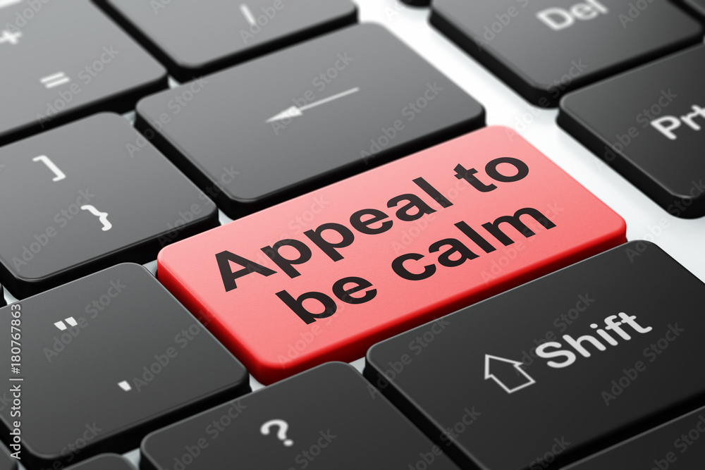 Aufkleber political concept: computer keyboard with word appeal to be calm, selected focus on enter button bac