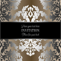 Baroque background with antique, luxury black, silver and gold vintage frame, victorian banner, damask floral wallpaper ornaments, invitation card, baroque style booklet, fashion pattern