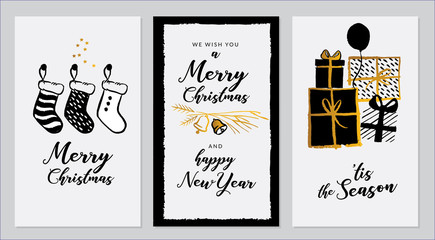 Vector set of hand drawn of greeting cards. Great print for invitations, posters, tags. Merry Christmas.Happy New Year. Happy holidays. Festive banners in flat cartoon style, vintage colors