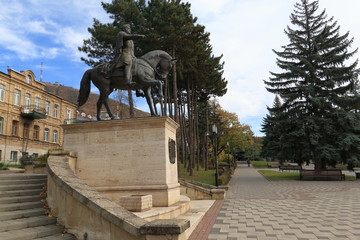 Equestrian monument to General Aleksey Petrovich Yermolov (Russian Imperial general of the 19th century) in Pyatigorsk, Russia. Scenic view of the monument in autumn