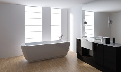 Fototapeta na wymiar White bathtub with washstand in clean bathroom