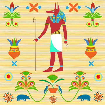 Image of the ancient Egyptian god Anubis in color paints with patterns on the background of antique tissue or papyrus.