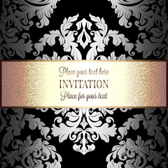 Baroque background with antique, luxury black, silver and gold vintage frame, victorian banner, damask floral wallpaper ornaments, invitation card, baroque style booklet, fashion pattern